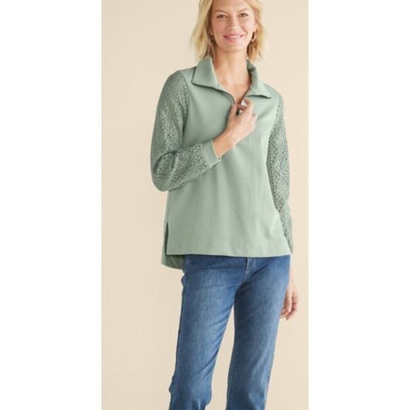 Soft Surroundings Crochet French Terry Tunic Top Size Large Teal Blue Boho Beach - Picture 1 of 12